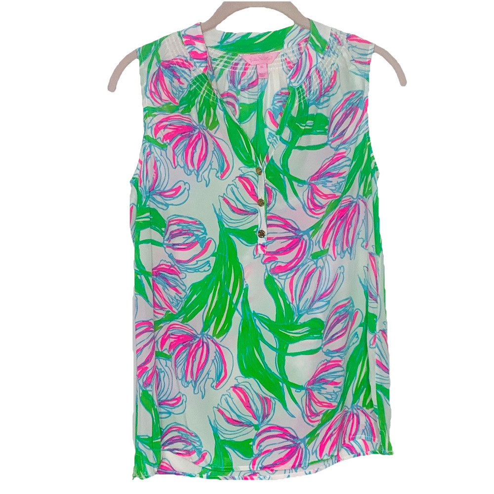 LILLY PULITZER Houston Sleeveless Top XS Ring The Bellboy Green Pink Silk EUC